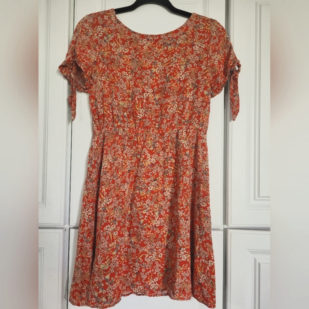 O'Neill Floral Red Mini Dress, Size Small, Tie Sleeves, Low Cut Back